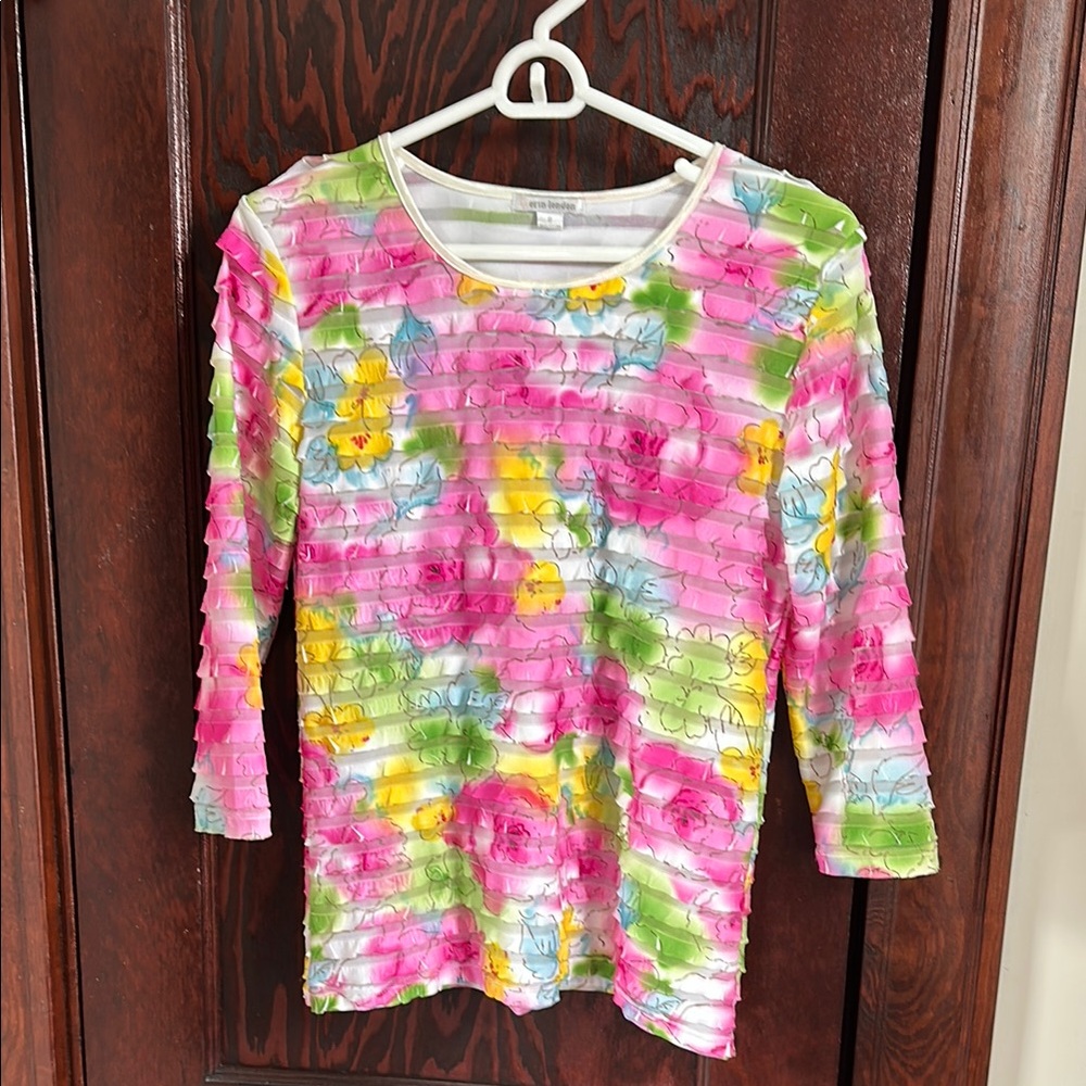 Erin London Pink and Yellow 3/4 Sleeve Floral Top